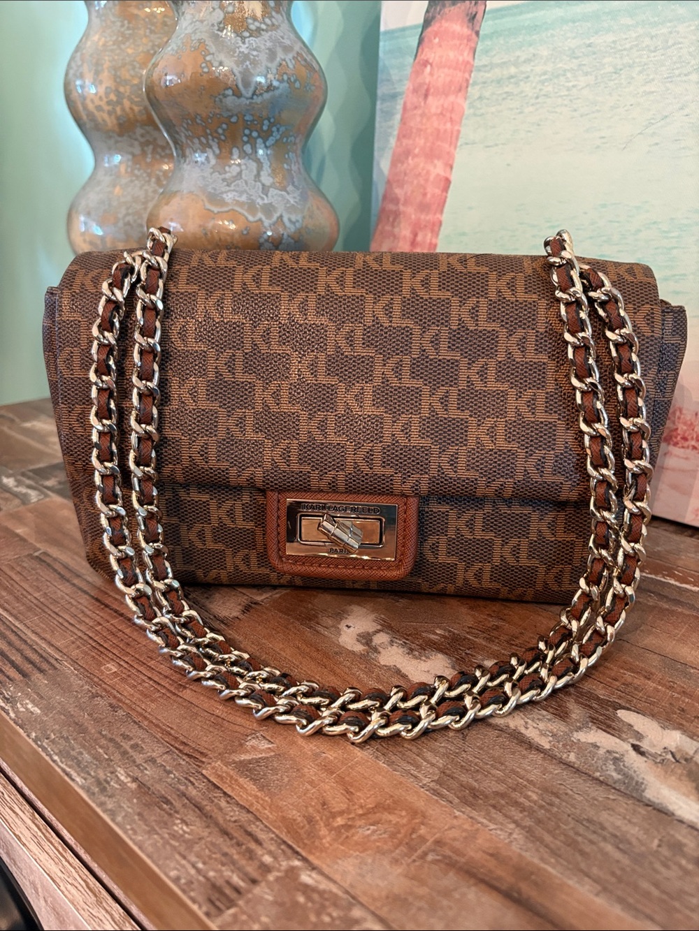 Karl Lagerfeld Brown Monogram Chain-Trim Shoulder Bag beautiful